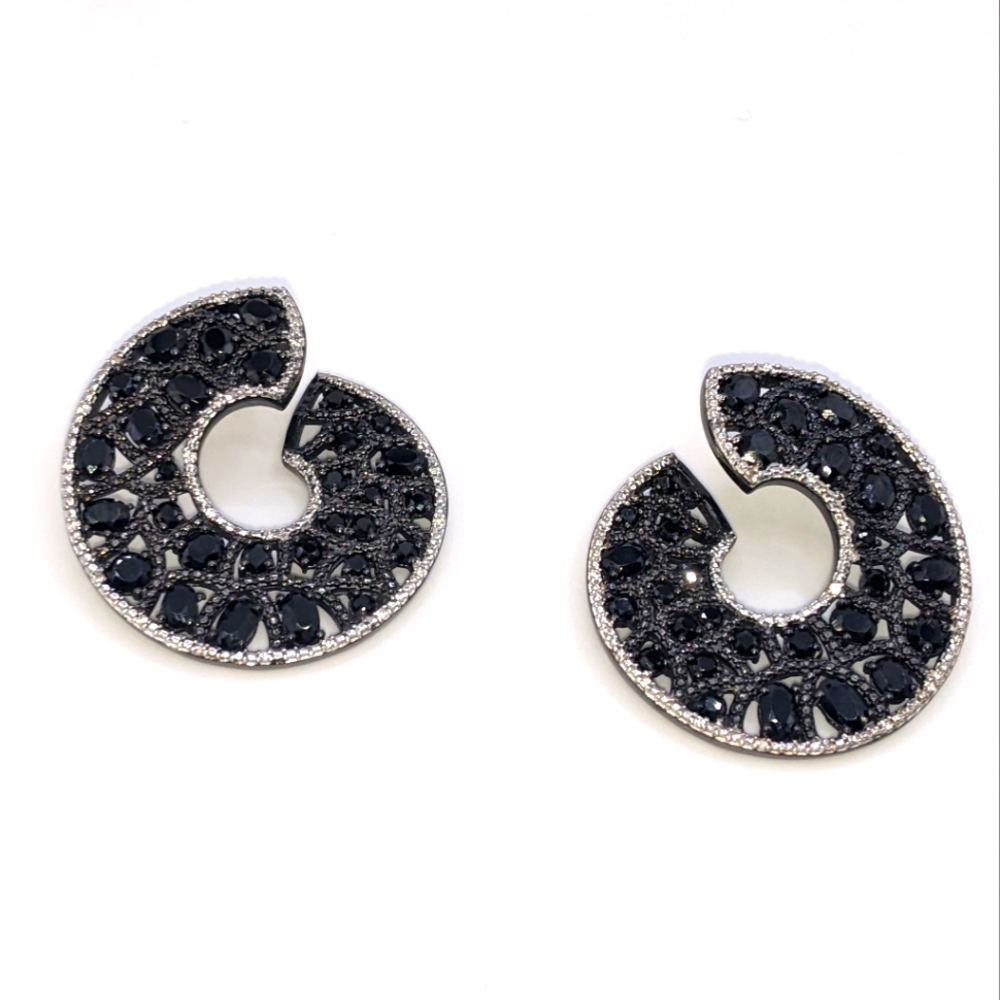 Unique Black Spinel Gemstone Swirl Hoop Earrings Sterling Silver - Picture 2 of 12